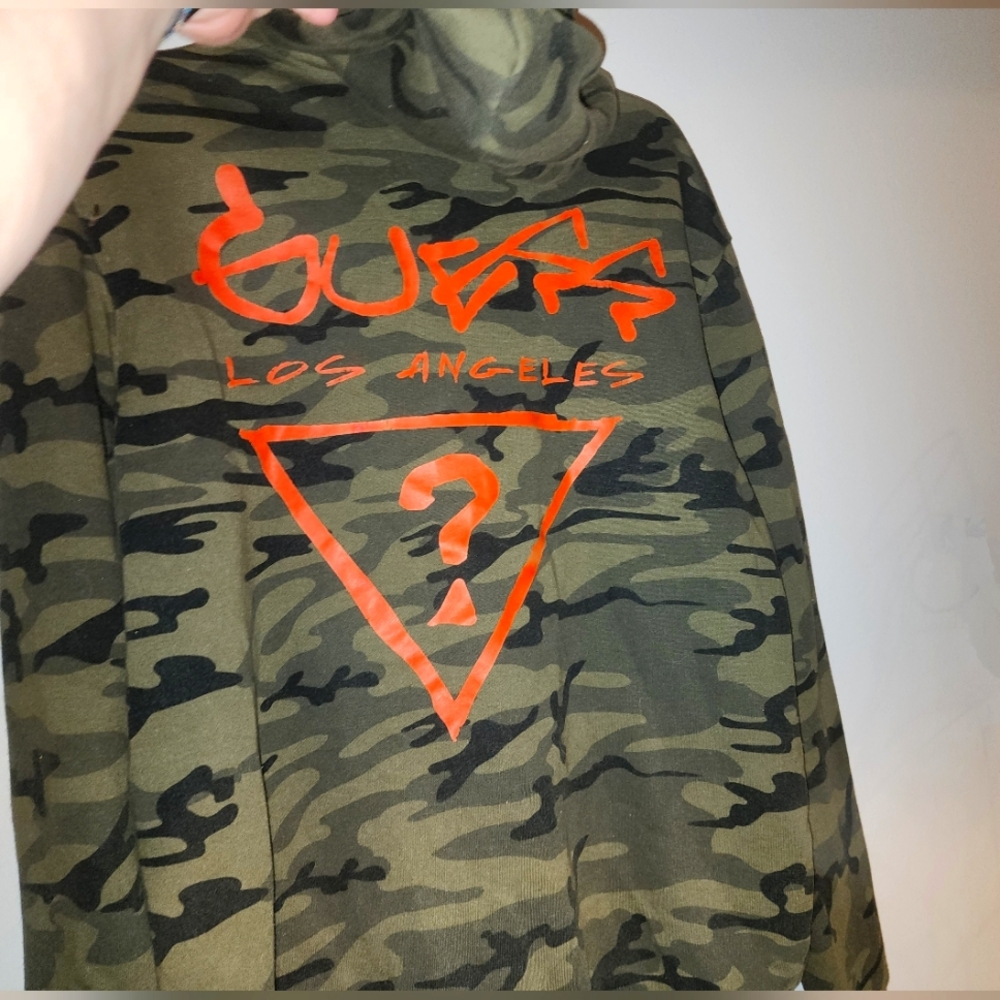 Guess Los Angeles Camouflage Zip Up Hoodie with Orange Logo L